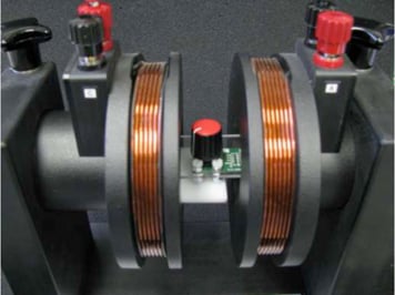 AS5163 Sensor and magnet in a Helmholtz coil to analyze the impact of magnetic stray fields Figure 4: AS5163 Sensor and magnet in a Helmholtz coil.